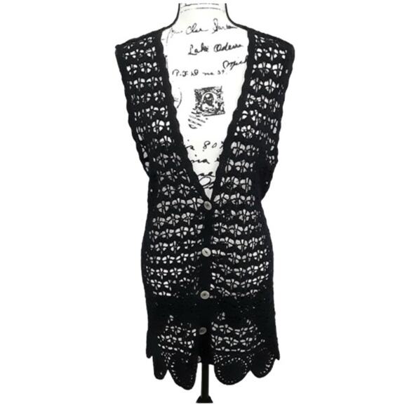 Vintage 80s Crochet Cardigan Black Bohemian Duster Knit Vest Lagenlook Festival - Picture 1 of 12